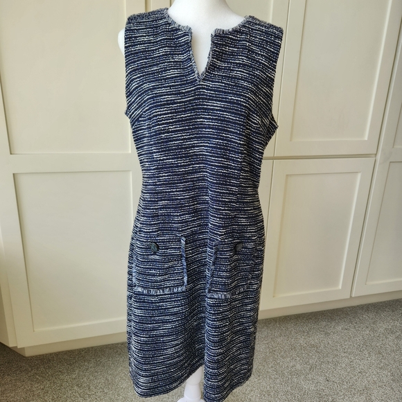 Karl Lagerfeld Dresses & Skirts - Tweed Fall Sheath Dress Navy Blue White Stripes Sleeveless Fringe Paris Size 10